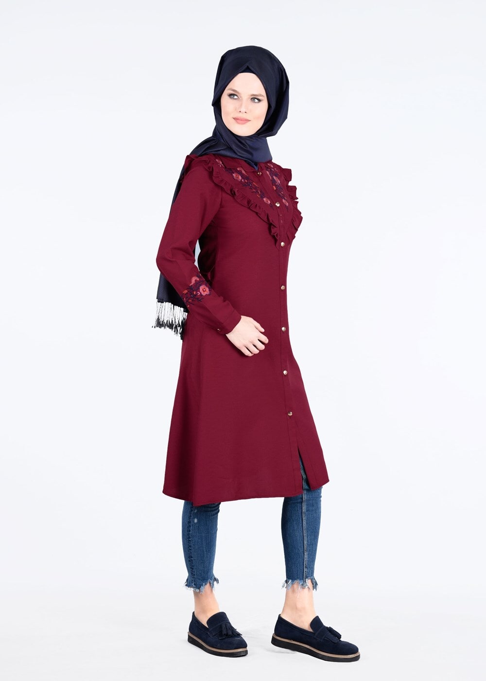 Vêtements hijab ROUGE BORDEAUX T 4000  Fırfır Detaylı Tunik-Yılmazlar