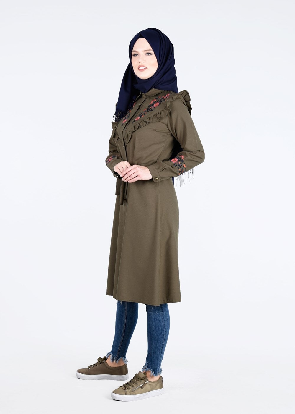 Hijab clothing KHAKI T 4000  Fırfır Detaylı Tunik-Yılmazlar
