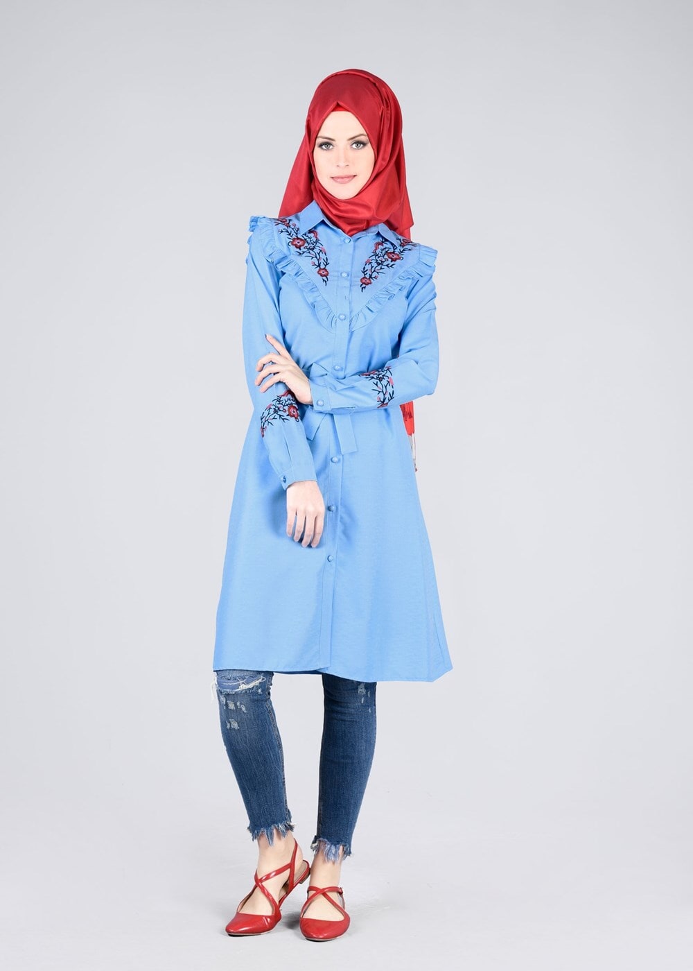 Vêtements hijab BLEU T 4000  Fırfır Detaylı Tunik-Yılmazlar