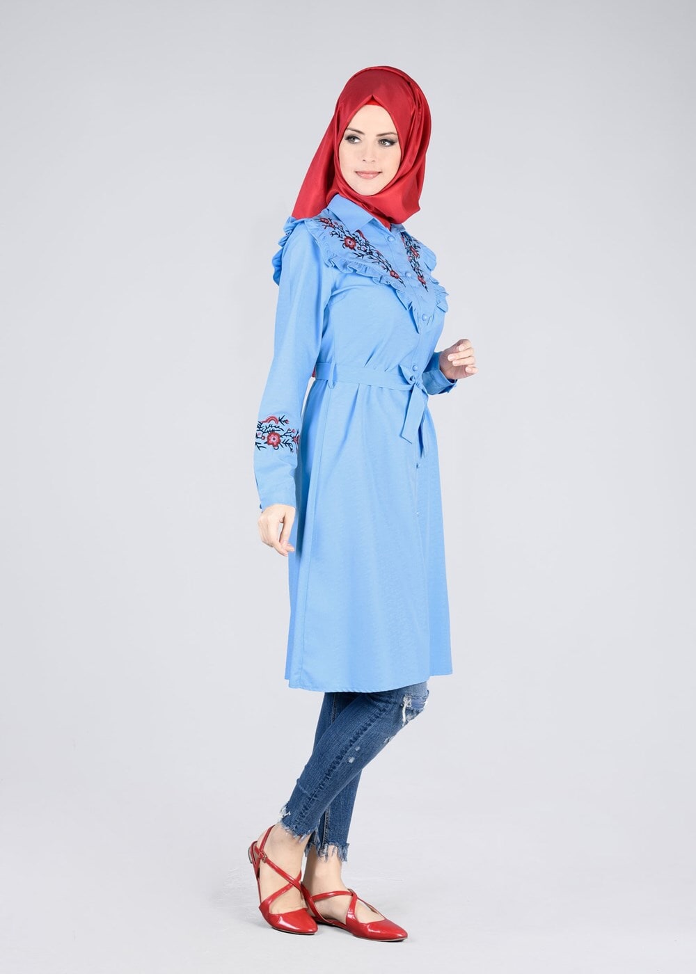Vêtements hijab BLEU T 4000  Fırfır Detaylı Tunik-Yılmazlar
