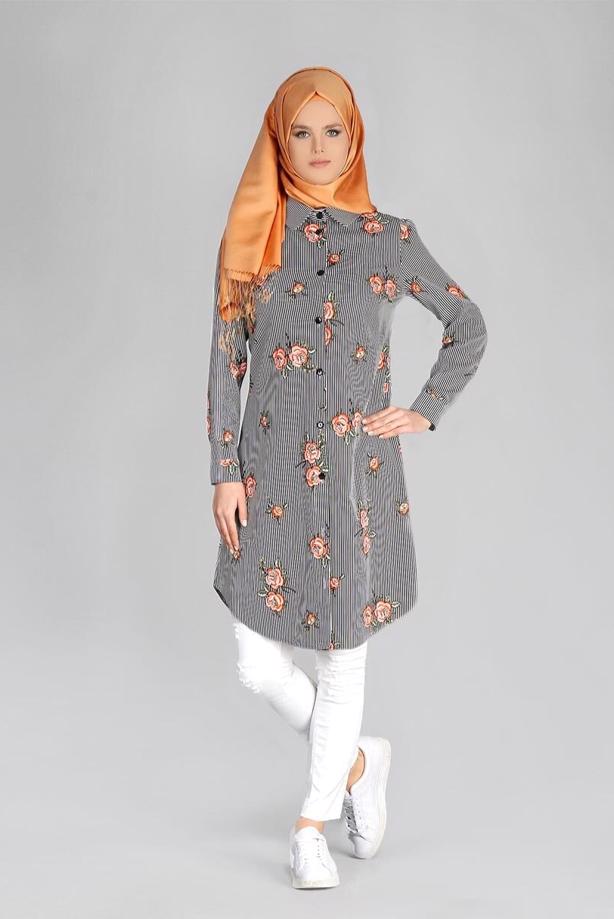 Vêtements hijab  T 4051 ModaHanne-Çiçek Desenli Tunik - TRENDTESETTÜR