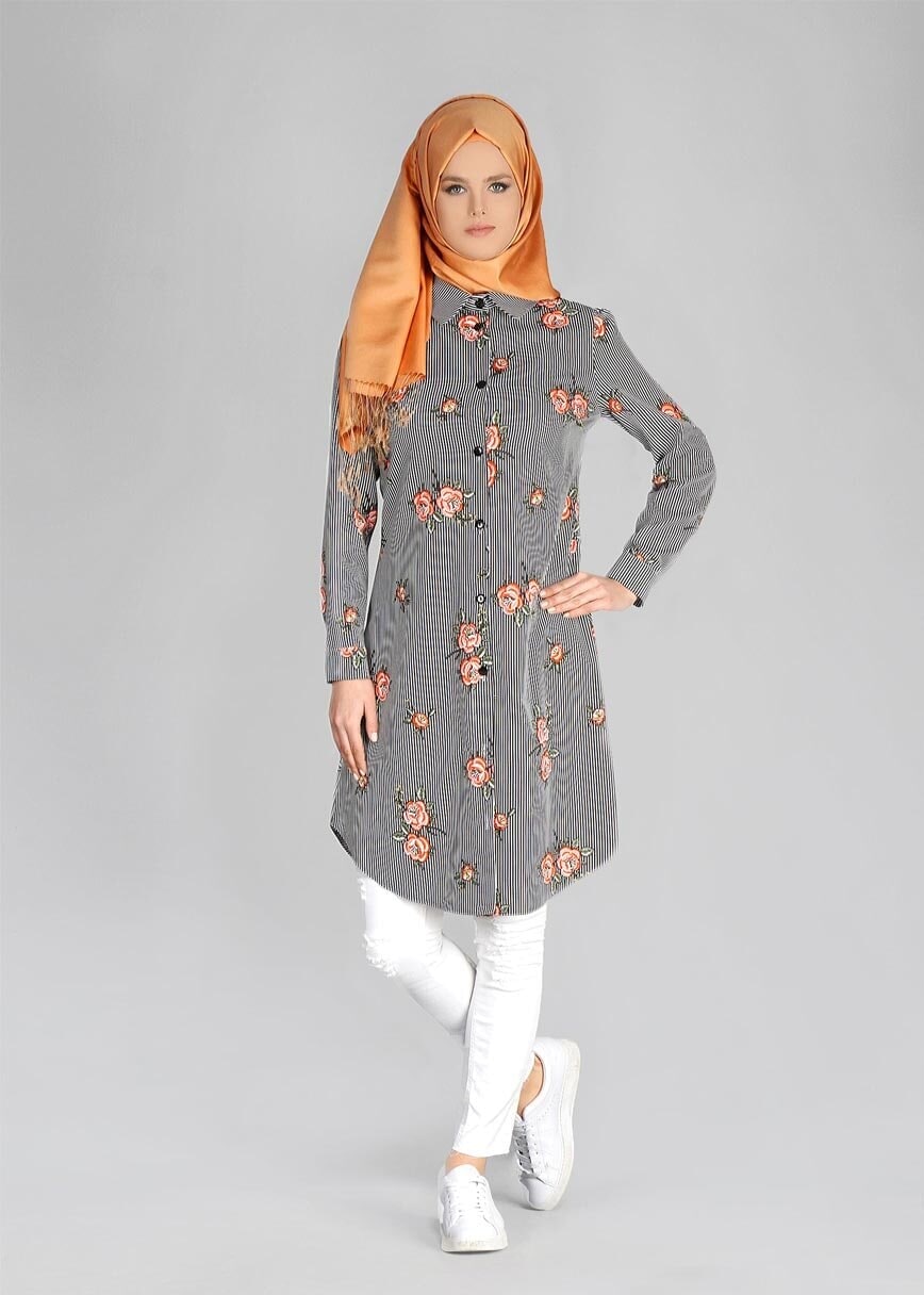 Vêtements hijab ORANGE T 4051 ModaHanne-Çiçek Desenli Tunik