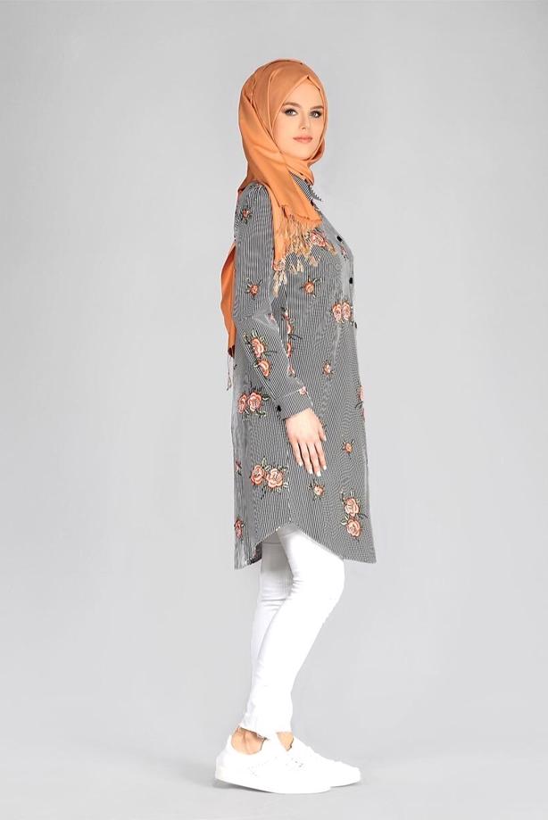 Vêtements hijab  T 4051 ModaHanne-Çiçek Desenli Tunik - TRENDTESETTÜR