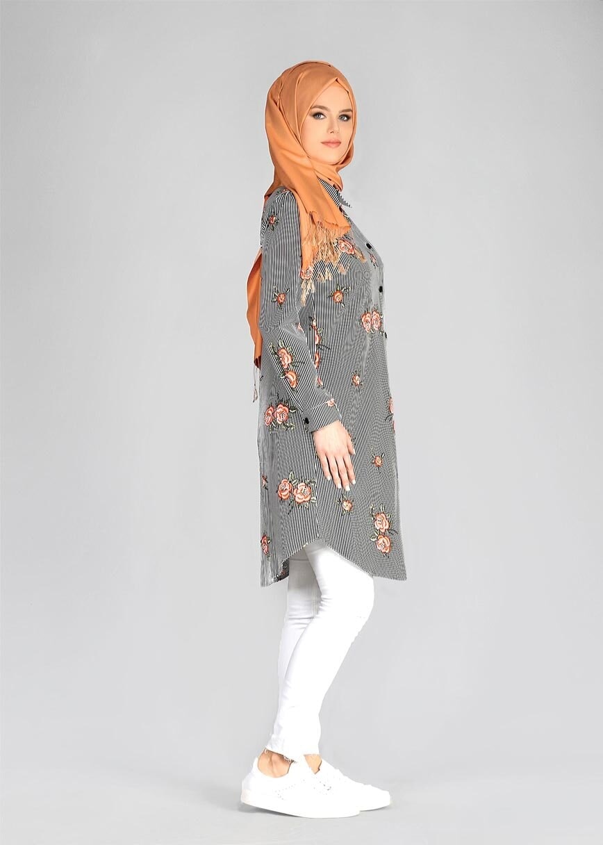Vêtements hijab ORANGE T 4051 ModaHanne-Çiçek Desenli Tunik