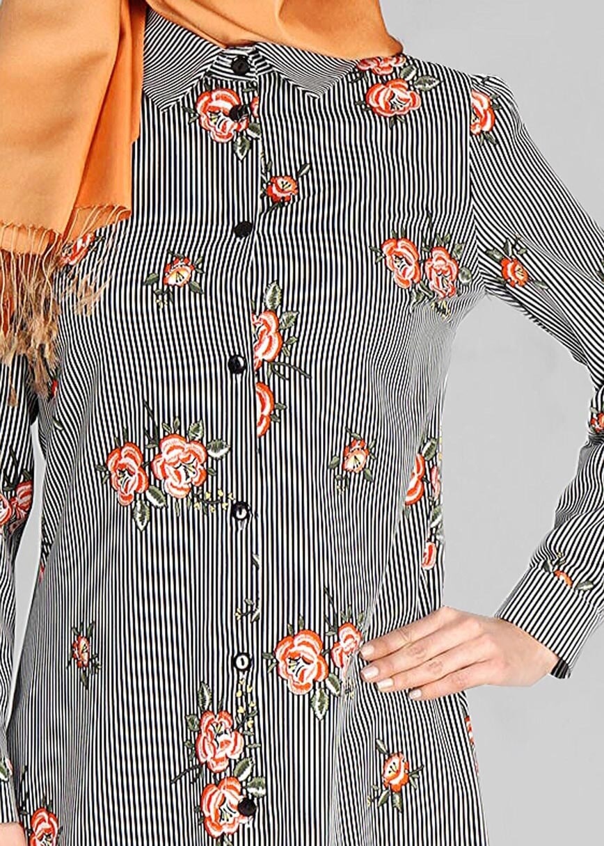 Vêtements hijab ORANGE T 4051 ModaHanne-Çiçek Desenli Tunik