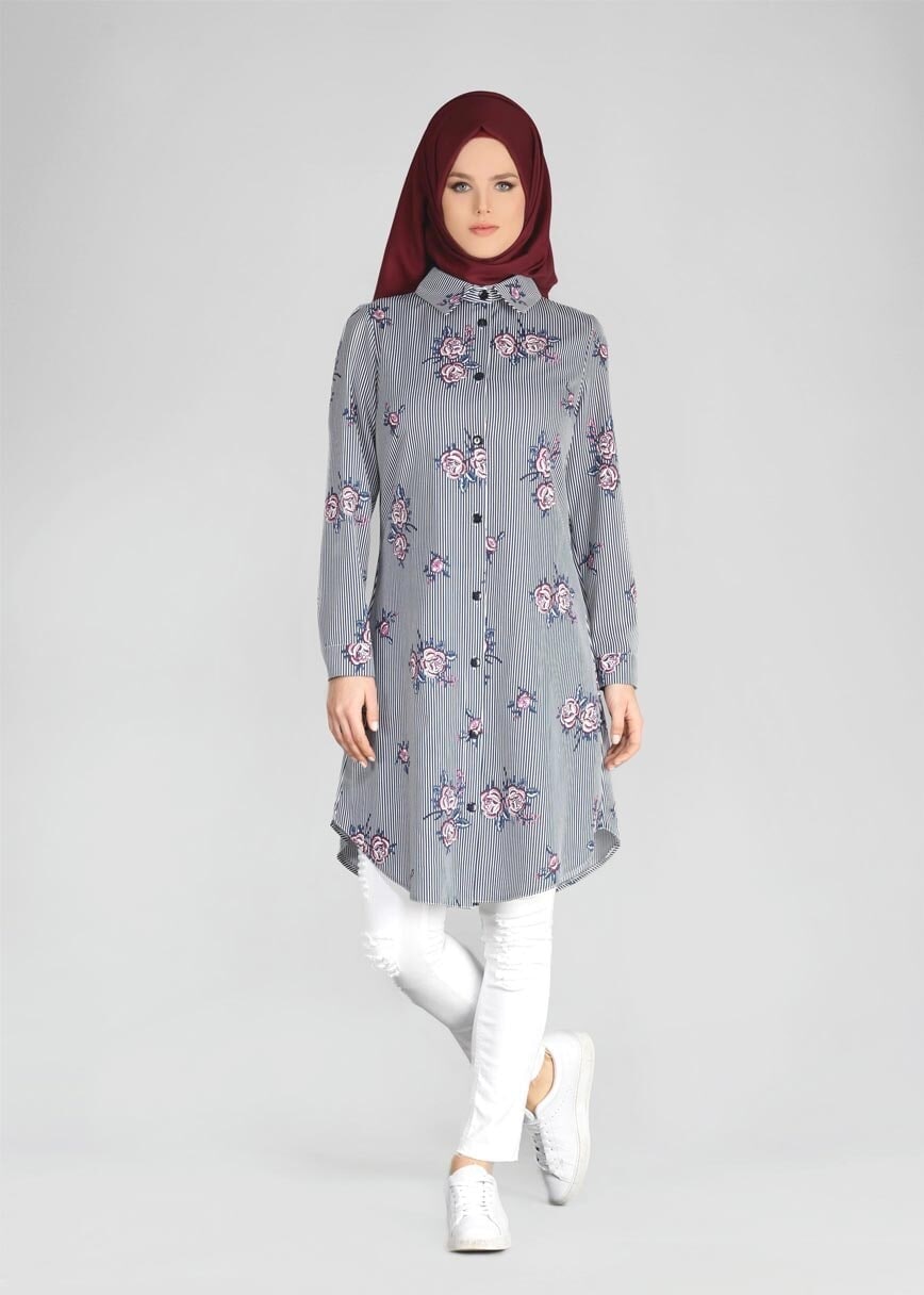 Hijab clothing PLUM T 4051 ModaHanne-Çiçek Desenli Tunik