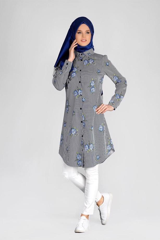 Vêtements hijab  T 4051 ModaHanne-Çiçek Desenli Tunik - TRENDTESETTÜR