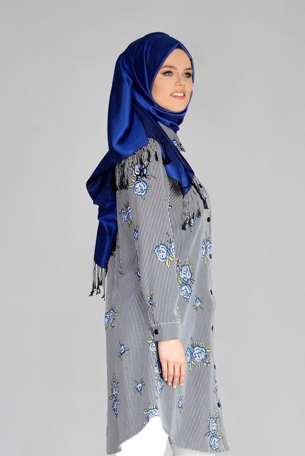 Vêtements hijab  T 4051 ModaHanne-Çiçek Desenli Tunik - TRENDTESETTÜR