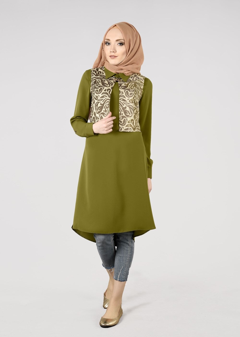 Tesettür giyim HAKİ T 4674 Almina 271175 2&prime;li Tunik-Alv Fashion