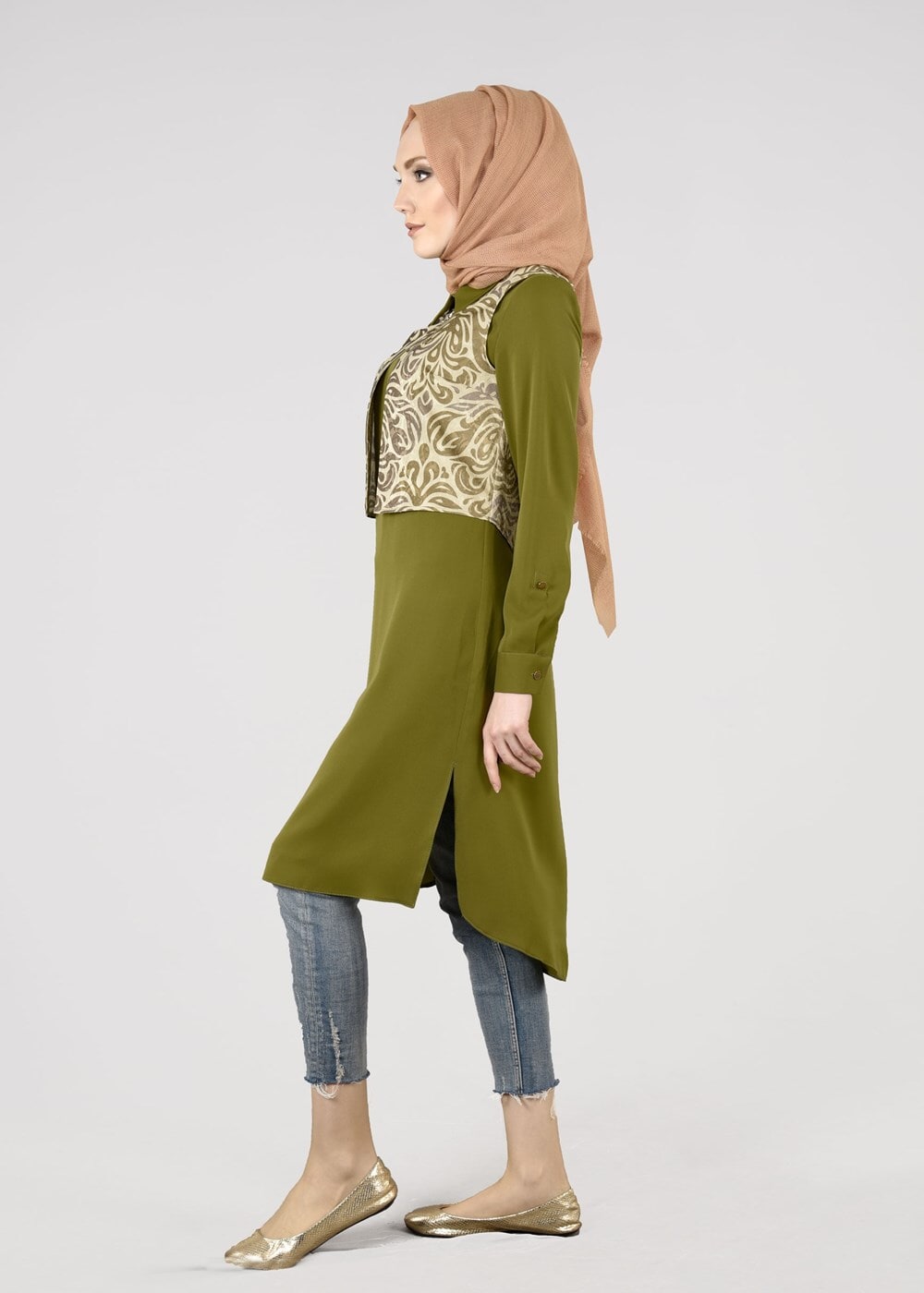 Tesettür giyim HAKİ T 4674 Almina 271175 2&prime;li Tunik-Alv Fashion