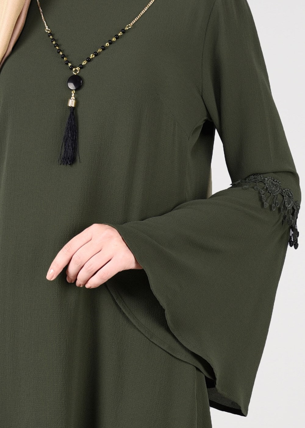 Tesettür giyim HAKİ T 4941 ModaBu- Güpür Detaylı Tunik