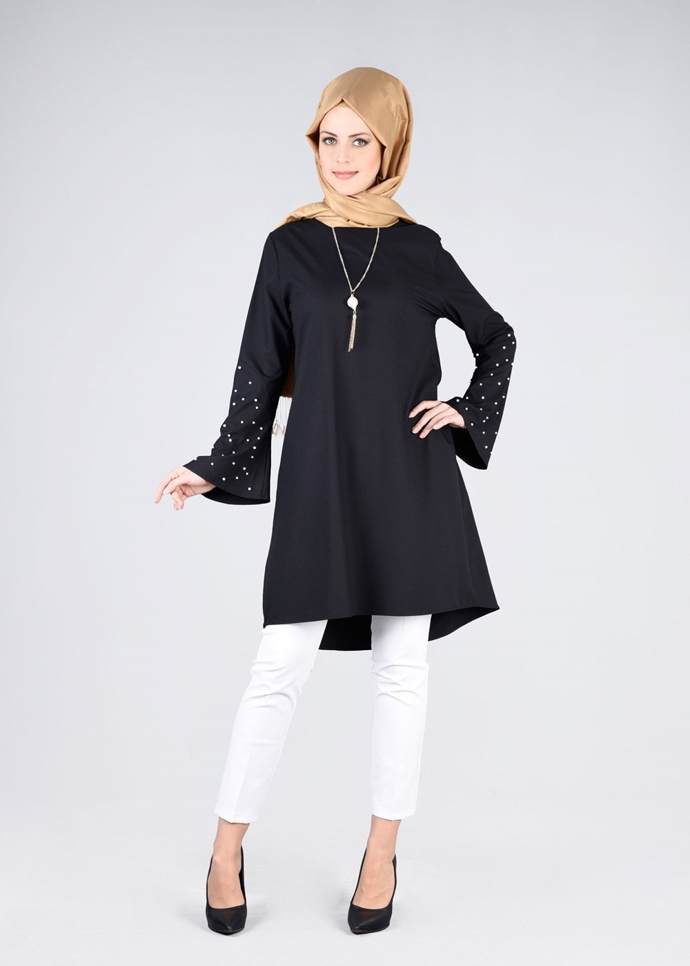 Tesettür giyim SİYAH T 6441 ModaBu- İncili Tesettür Tunik