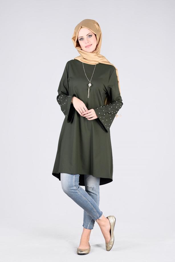 Tesettür giyim  T 6441 ModaBu- İncili Tesettür Tunik - TRENDTESETTÜR