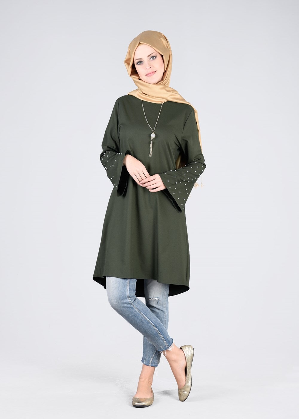 Tesettür giyim HAKİ T 6441 ModaBu- İncili Tesettür Tunik