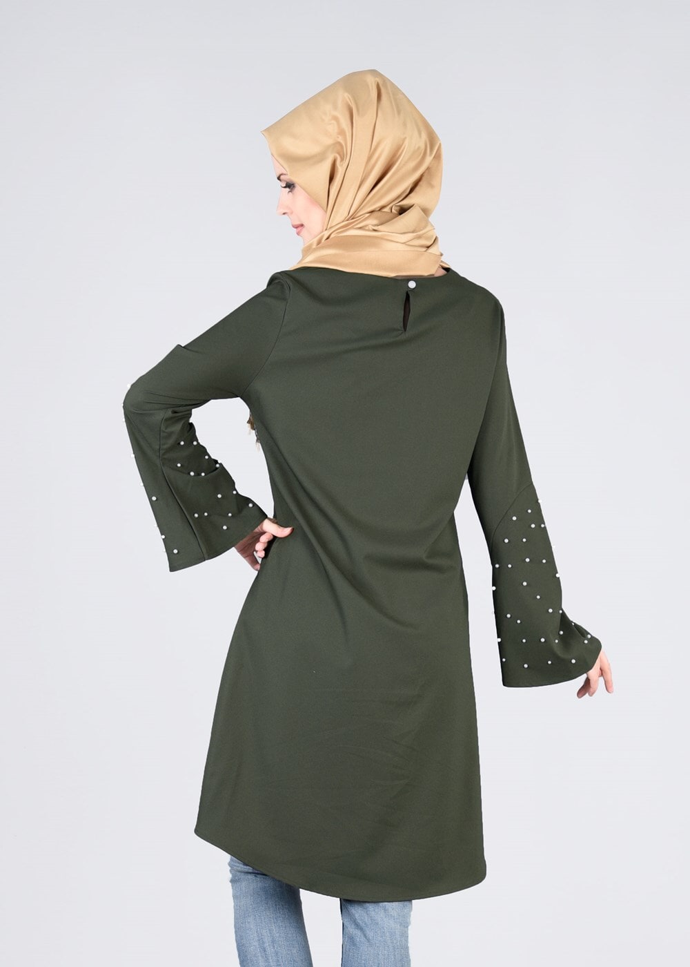 Tesettür giyim HAKİ T 6441 ModaBu- İncili Tesettür Tunik