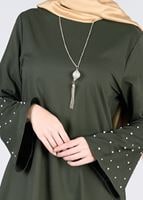 Tesettür giyim HAKİ T 6441 ModaBu- İncili Tesettür Tunik