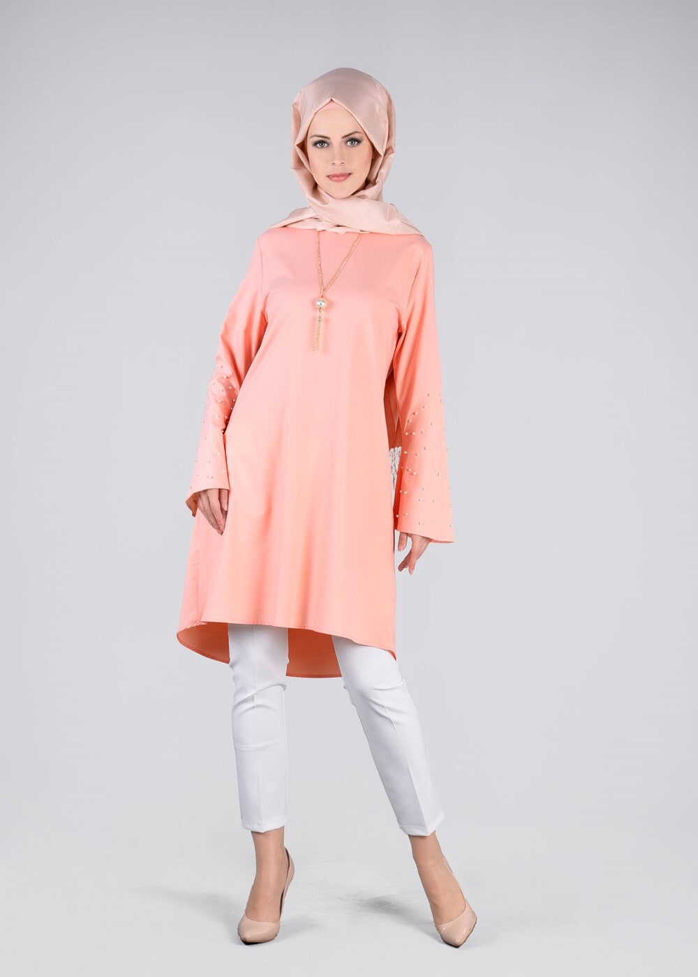 Tesettür giyim PUDRA T 6441 ModaBu- İncili Tesettür Tunik