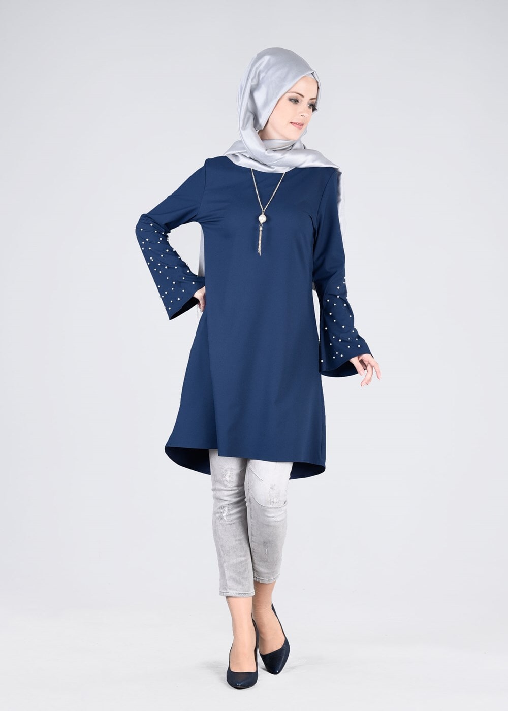 Tesettür giyim LACİVERT T 6441 ModaBu- İncili Tesettür Tunik