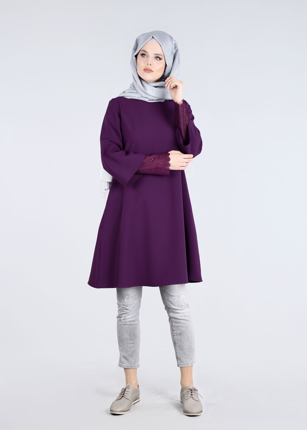 Vêtements hijab POURPRE T 6548 Mısra-Kol Ucu Güpürlü Tunik
