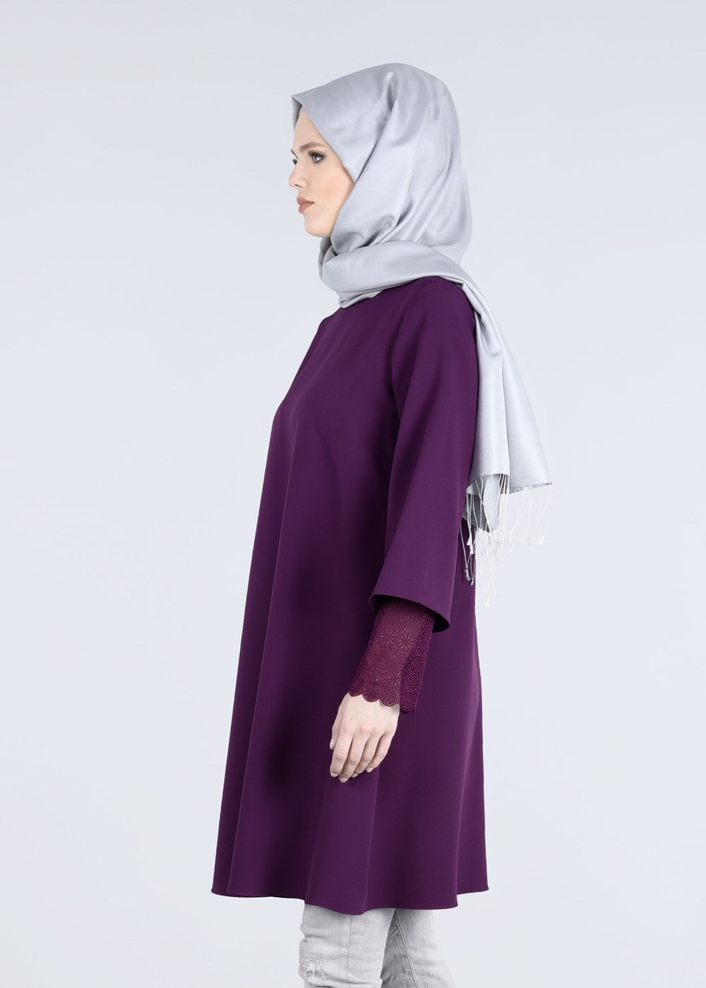 Vêtements hijab POURPRE T 6548 Mısra-Kol Ucu Güpürlü Tunik