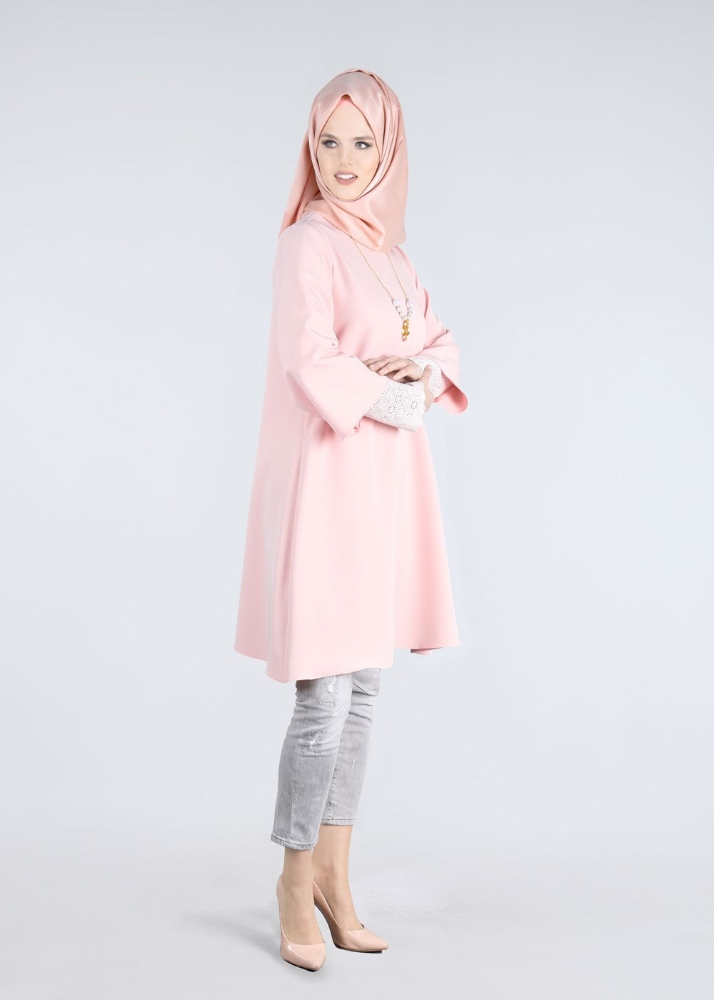 Tesettür giyim PUDRA T 6548 Mısra-Kol Ucu Güpürlü Tunik