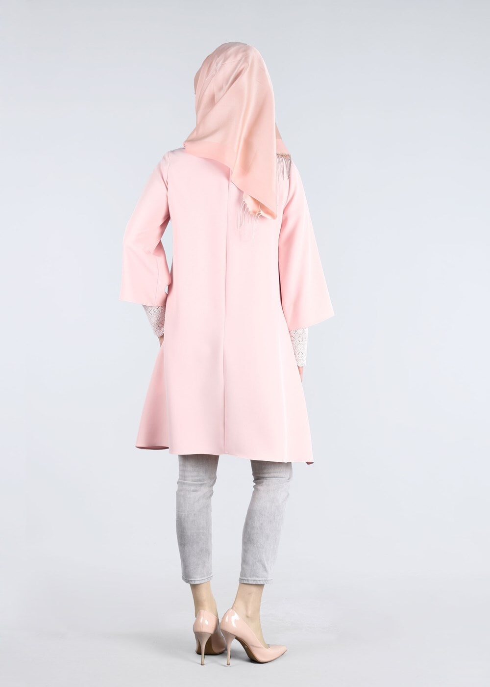 Tesettür giyim PUDRA T 6548 Mısra-Kol Ucu Güpürlü Tunik