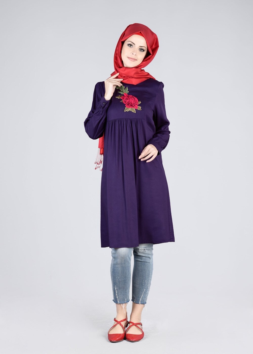 Vêtements hijab POURPRE T 7051 ModaHanne-Nakış Detaylı Tunik