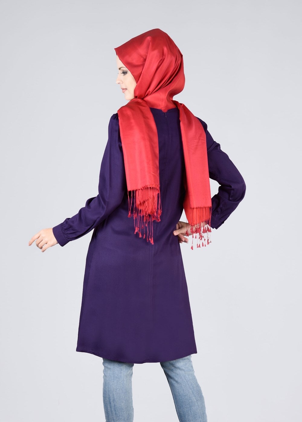 Vêtements hijab POURPRE T 7051 ModaHanne-Nakış Detaylı Tunik