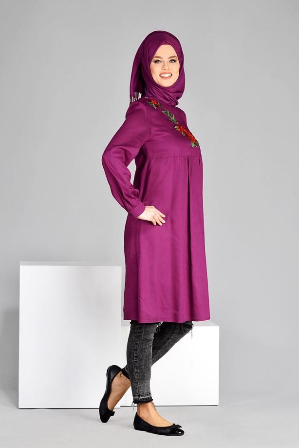Vêtements hijab  T 7051 ModaHanne-Nakış Detaylı Tunik - TRENDTESETTÜR