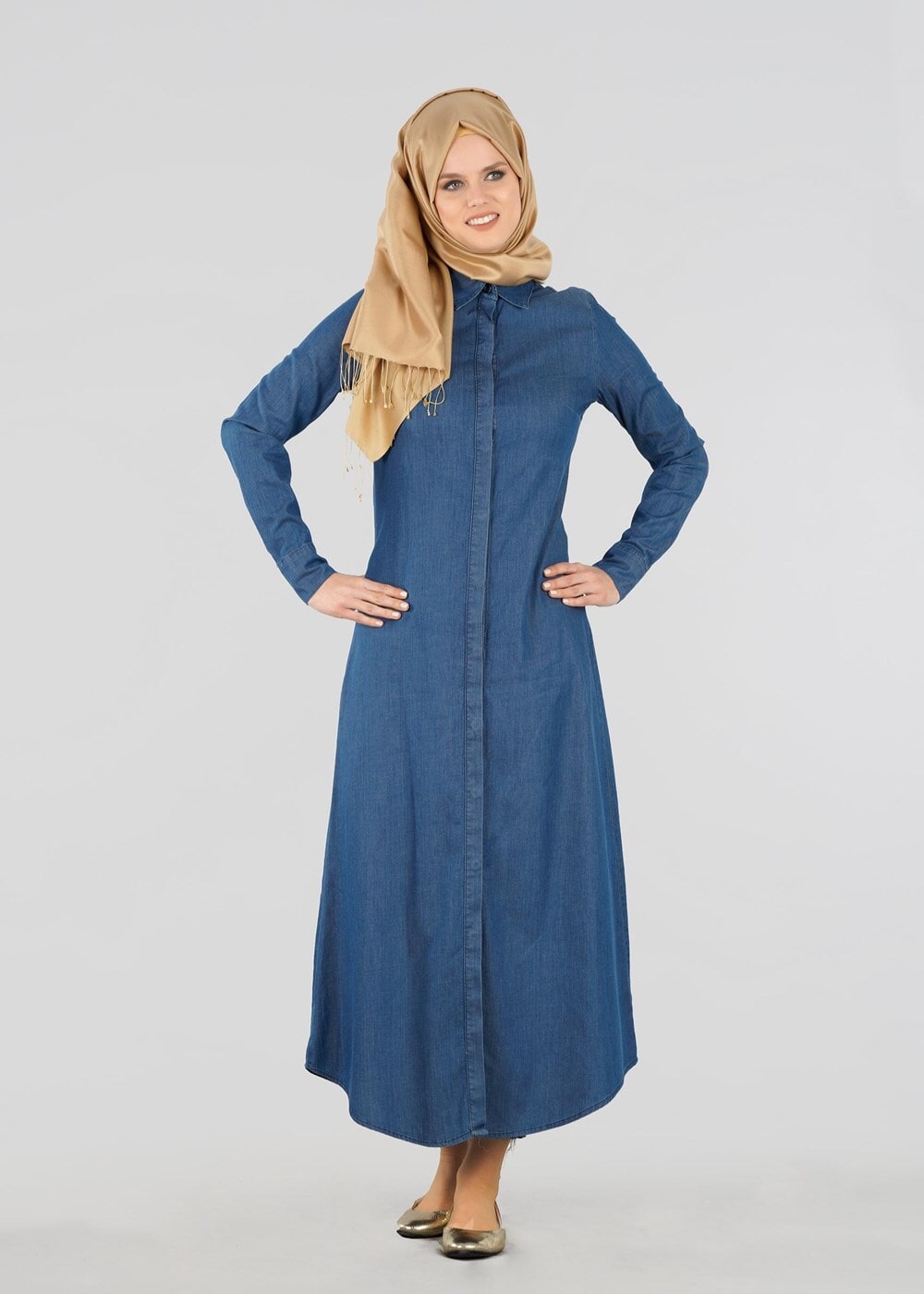 Tesettür giyim LACİVERT T 8331 Gizli Patlı Uzun Elbise-Magazin