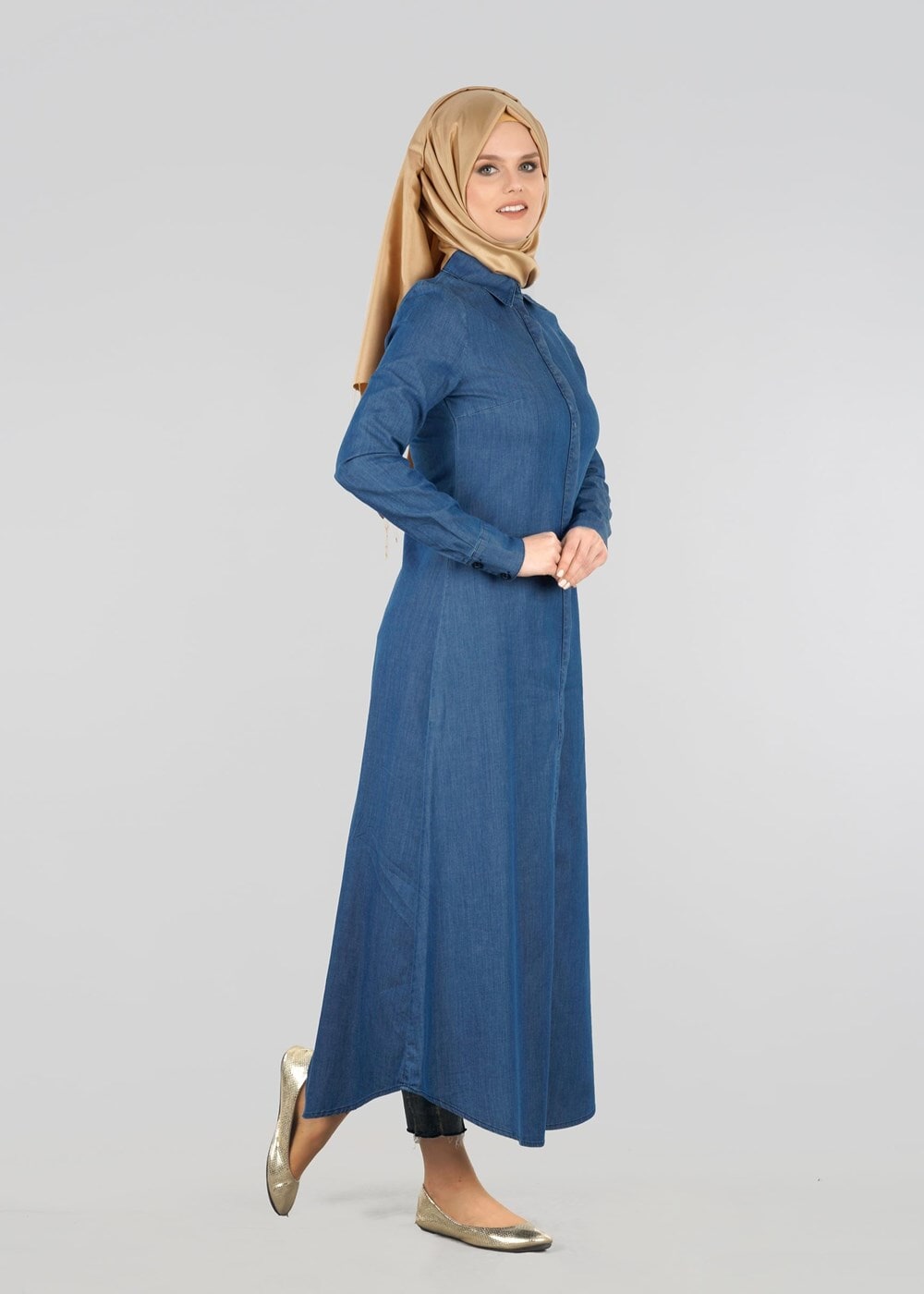 Tesettür giyim LACİVERT T 8331 Gizli Patlı Uzun Elbise-Magazin