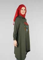 Tesettür giyim HAKİ T 8415 Asmiray-Nakışlı Tunik