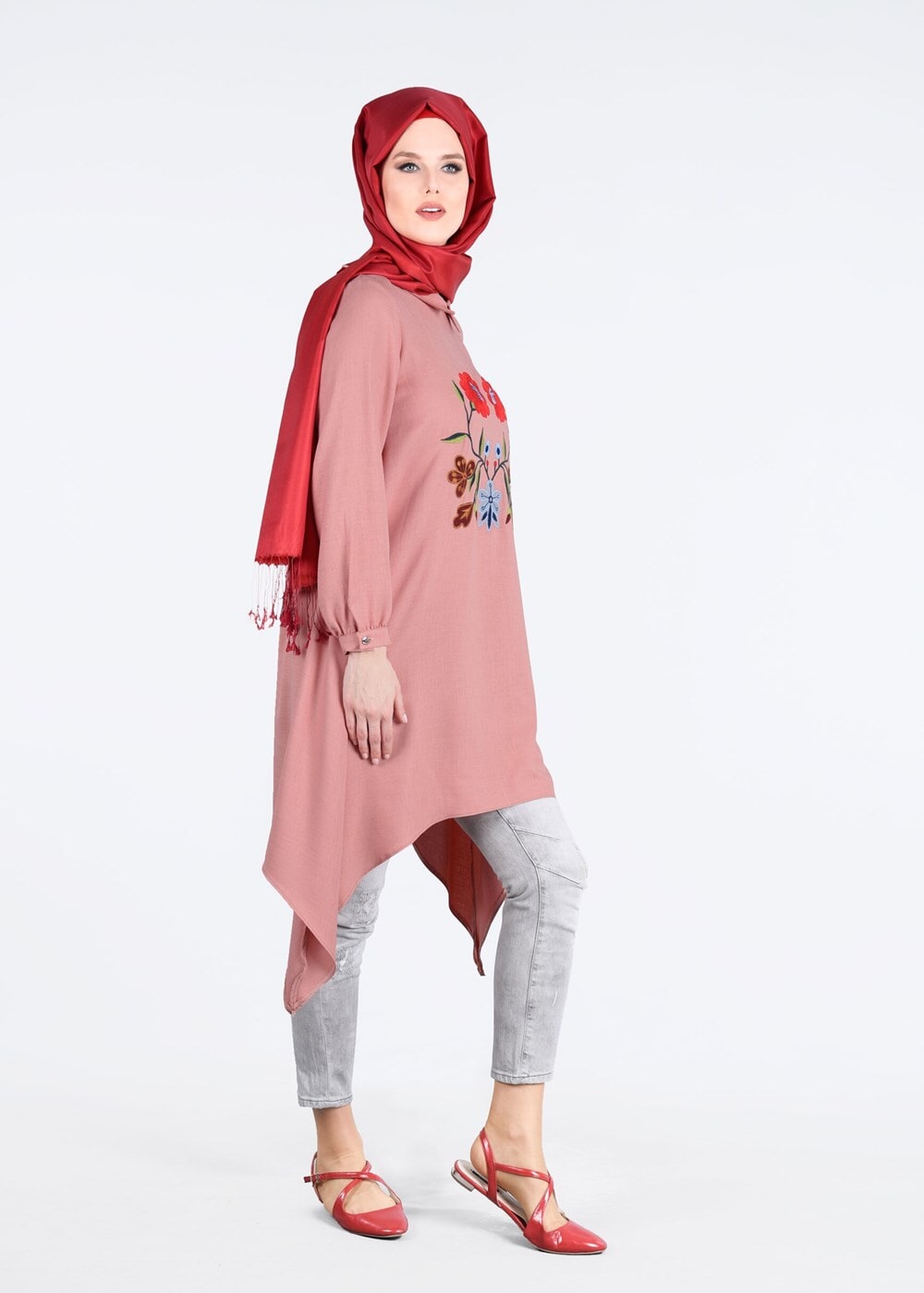 Tesettür giyim PUDRA T 8415 Asmiray-Nakışlı Tunik