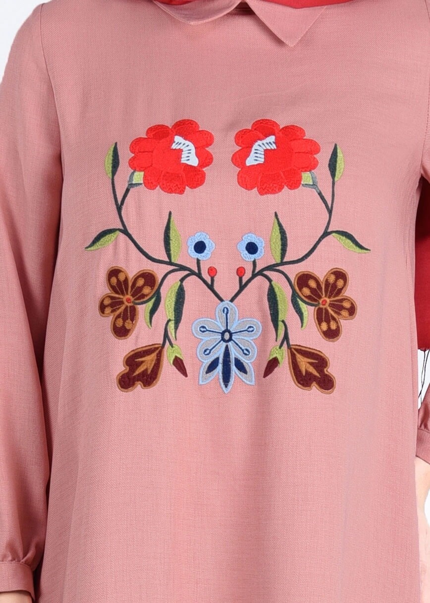 Tesettür giyim PUDRA T 8415 Asmiray-Nakışlı Tunik