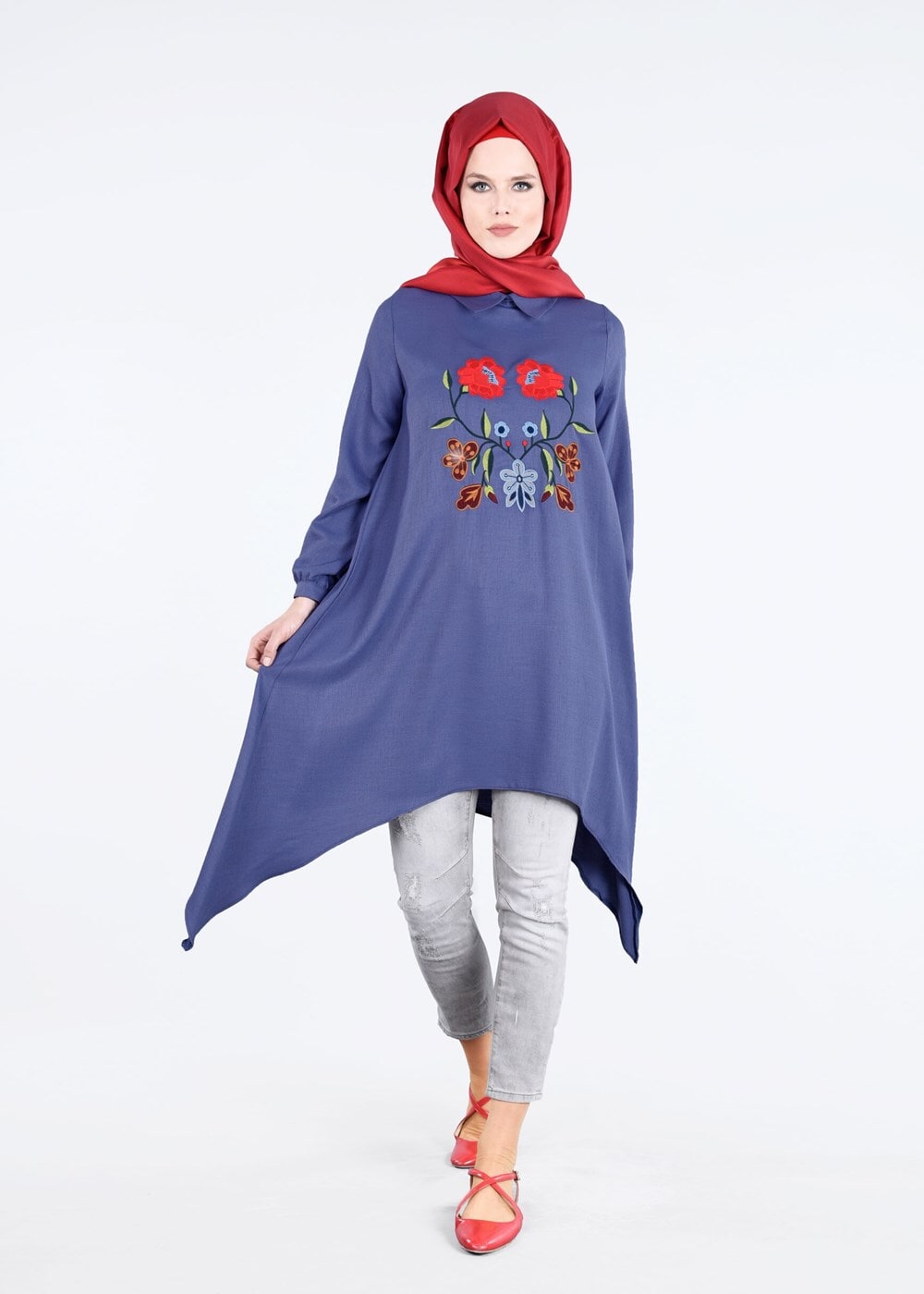 Tesettür giyim LACİVERT T 8415 Asmiray-Nakışlı Tunik