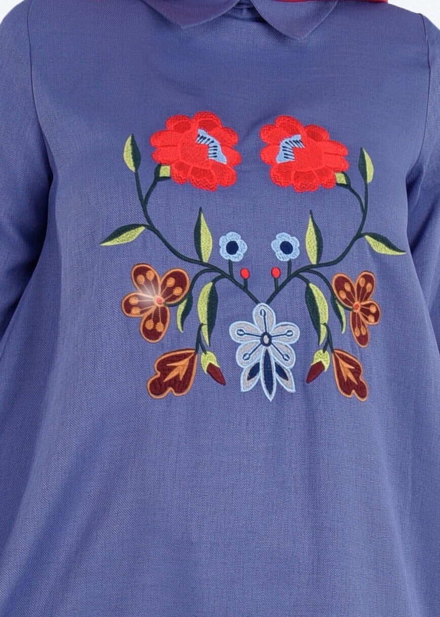 Tesettür giyim LACİVERT T 8415 Asmiray-Nakışlı Tunik