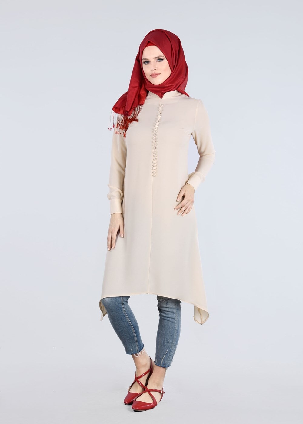 Tesettür giyim BEJ T 9525 Hakim Yaka Düğme Detaylı Tunik-Pr Collection