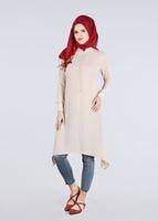 Tesettür giyim BEJ T 9525 Hakim Yaka Düğme Detaylı Tunik-Pr Collection