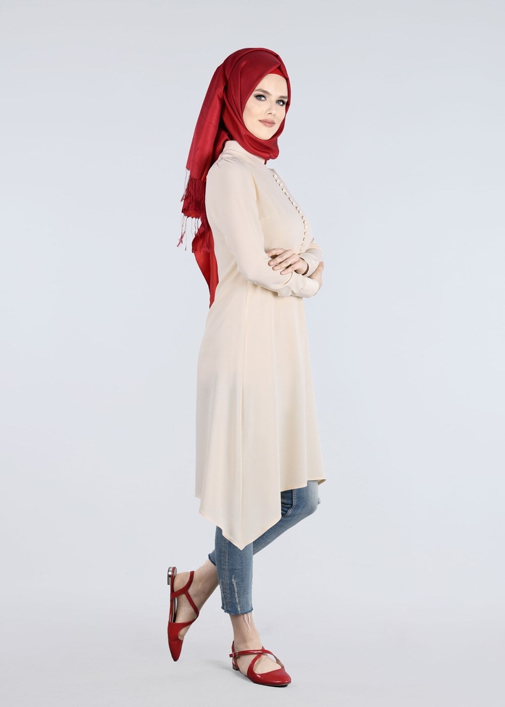 Tesettür giyim BEJ T 9525 Hakim Yaka Düğme Detaylı Tunik-Pr Collection