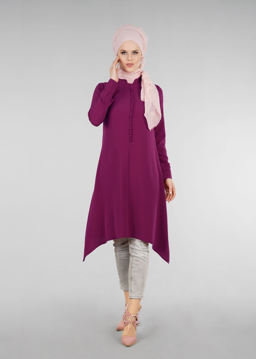 Tesettür giyim FUŞYA T 9525 Hakim Yaka Düğme Detaylı Tunik-Pr Collection