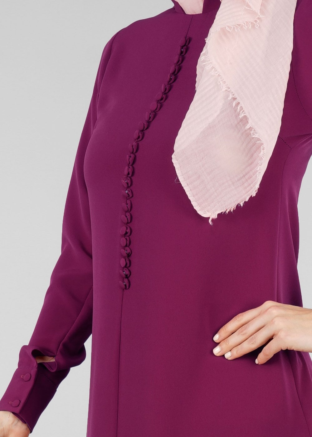 Tesettür giyim FUŞYA T 9525 Hakim Yaka Düğme Detaylı Tunik-Pr Collection