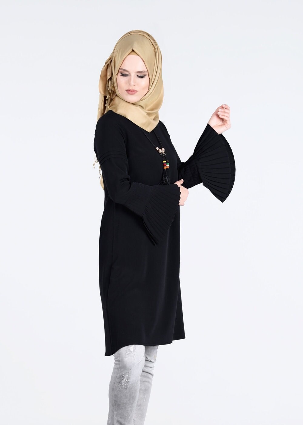 Tesettür giyim SİYAH T 9725 Pilise Detaylı Tunik-Pr Collection