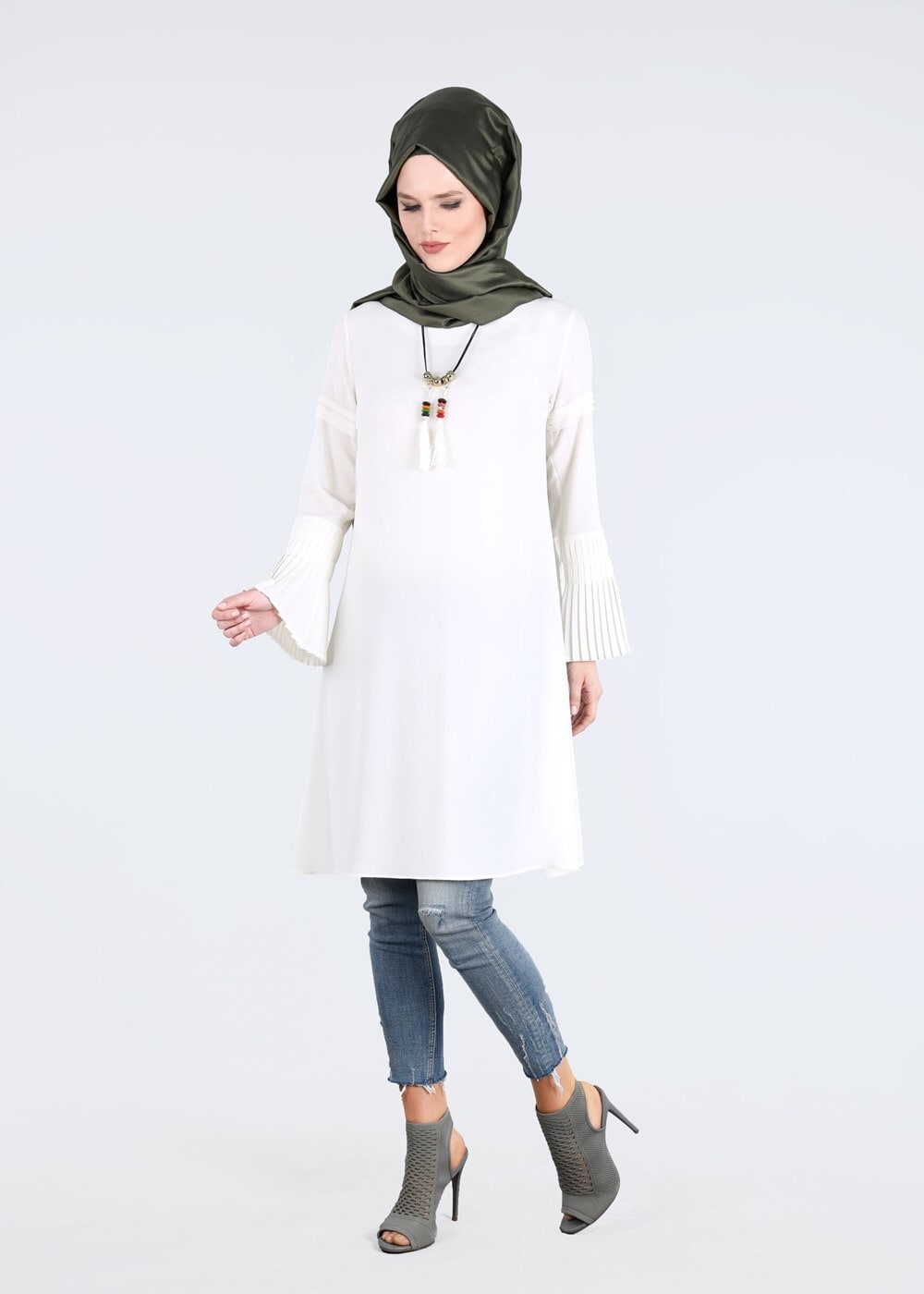 Tesettür giyim KREM T 9725 Pilise Detaylı Tunik-Pr Collection