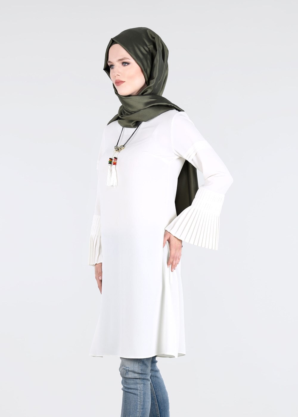 Tesettür giyim KREM T 9725 Pilise Detaylı Tunik-Pr Collection