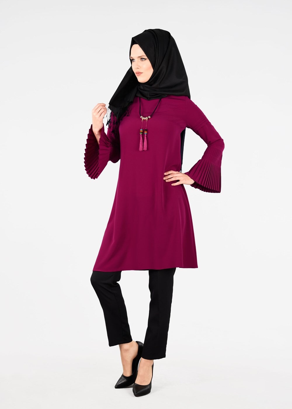 Tesettür giyim FUŞYA T 9725 Pilise Detaylı Tunik-Pr Collection