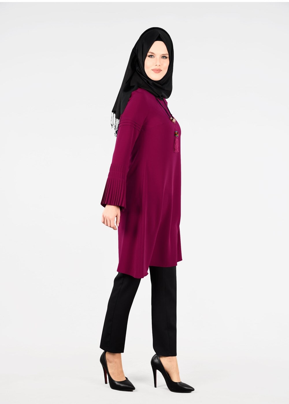 Tesettür giyim FUŞYA T 9725 Pilise Detaylı Tunik-Pr Collection