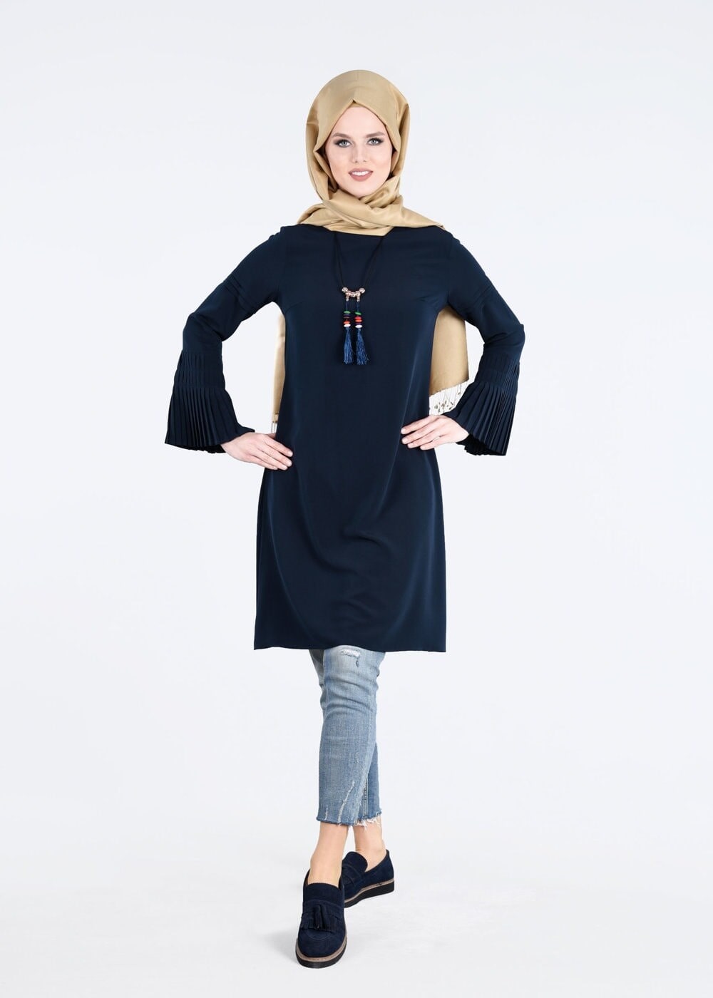 Tesettür giyim LACİVERT T 9725 Pilise Detaylı Tunik-Pr Collection