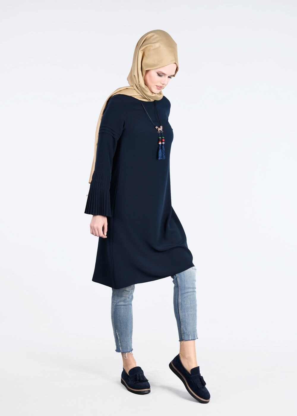 Tesettür giyim LACİVERT T 9725 Pilise Detaylı Tunik-Pr Collection