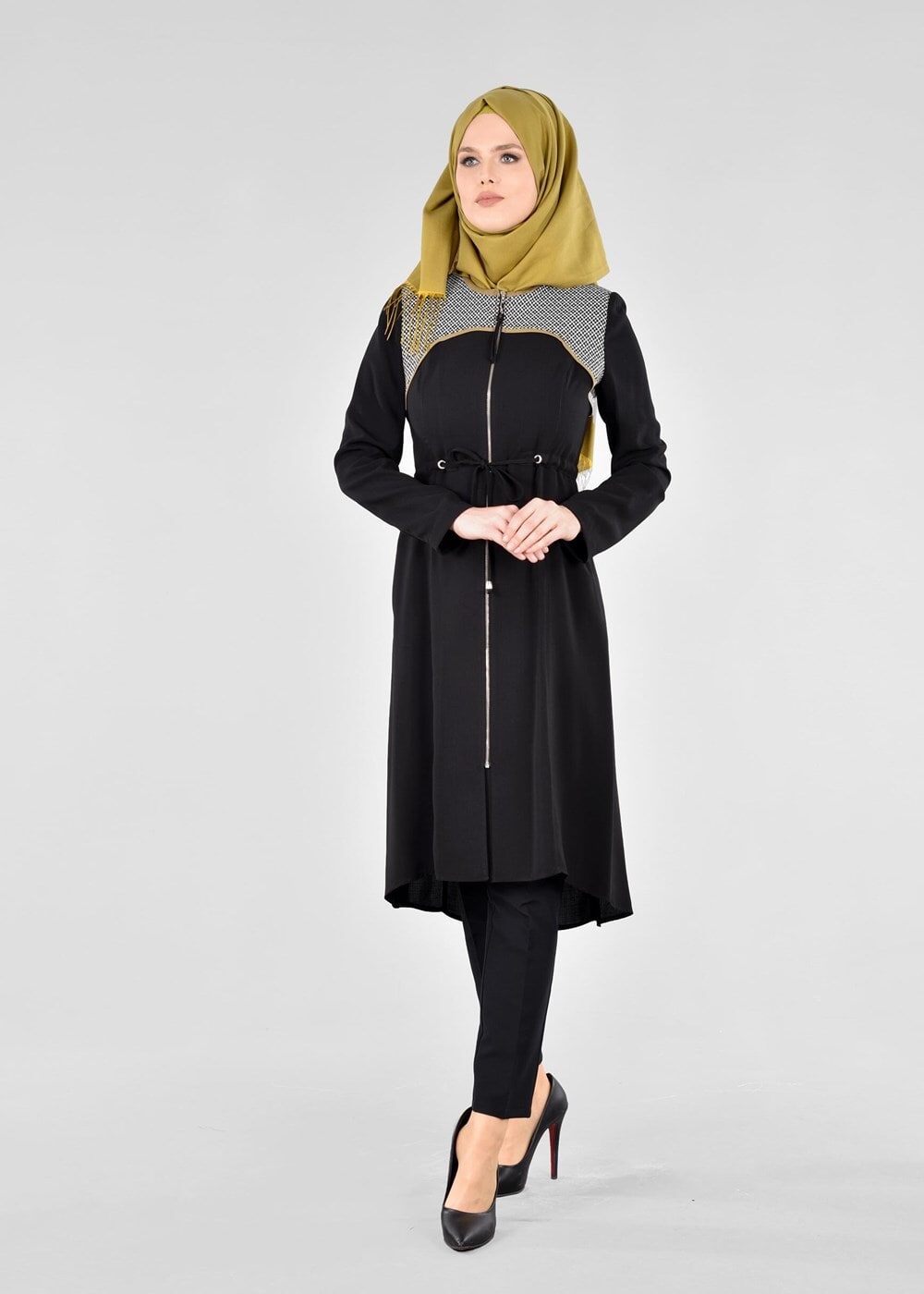 Tesettür giyim SİYAH T 1709 Sufle Tesettür Trench-Alv Fashion