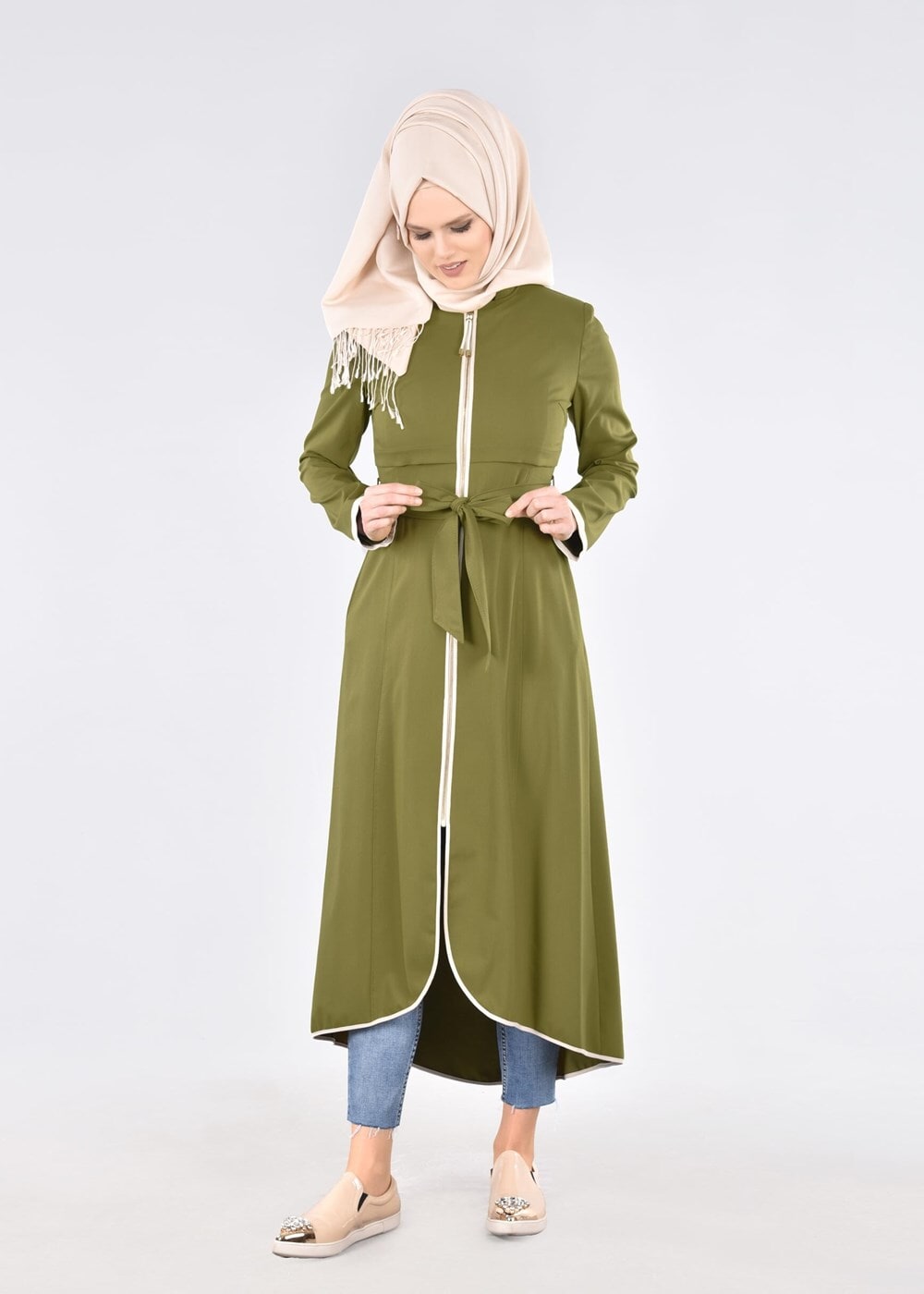 Hijab clothing GREEN T 1721 Demre Tesettür Trench-Alv Fashion